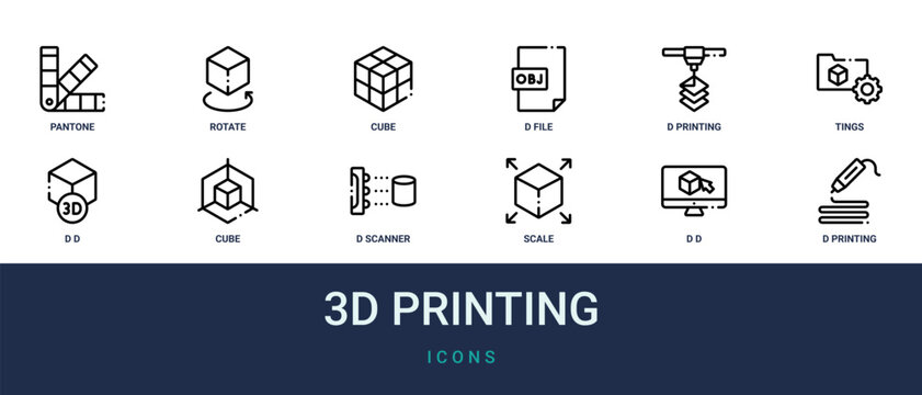 Set of 12 outline web 3D Printing icons such as d printing pen, d from d printing collection, scale, scanner, cube, from printing collection, tings vector icons for report, presentation, diagram,
