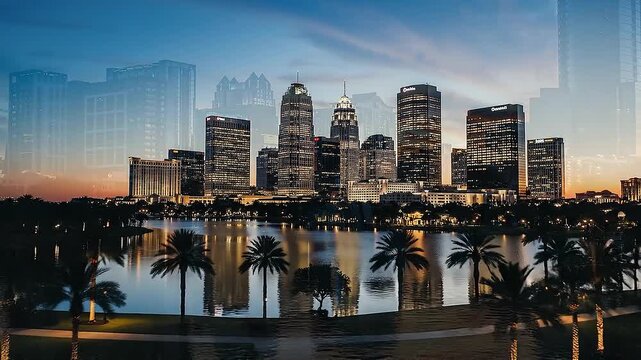 Downtown orlando skyline at sunset over lake eola with palm tree reflections in fl video.