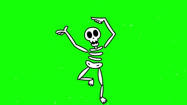A cartoon skeleton dancing on a green screen in a video