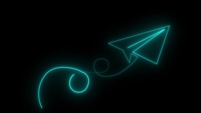 cyne color paper plane flying in and out of the frame. Neon glowing Paper airplane is flying. Business success concept. One line drawing. glowing neon motion video..