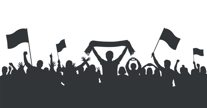 Crowd silhouette with raised arms and flags against a gradient backdrop spectators audience
