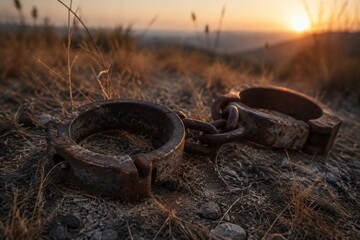Heavy rusted iron shackles discarded in overgrown dry grass at sunset. © guangyu