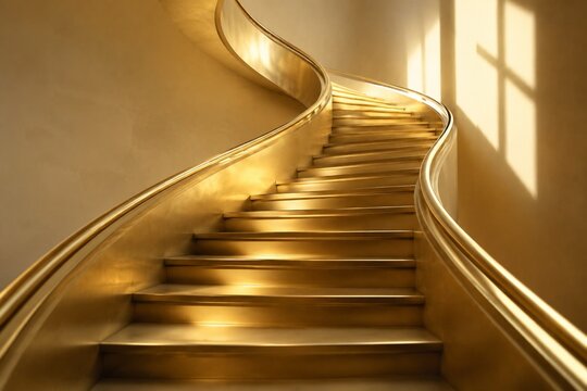 gainer. A golden spiral staircase ascending upwards, steps gradually widening in soft morning light. real-estate listings.