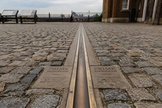 The brass Prime Meridian line embedded in an old observatory courtyard.