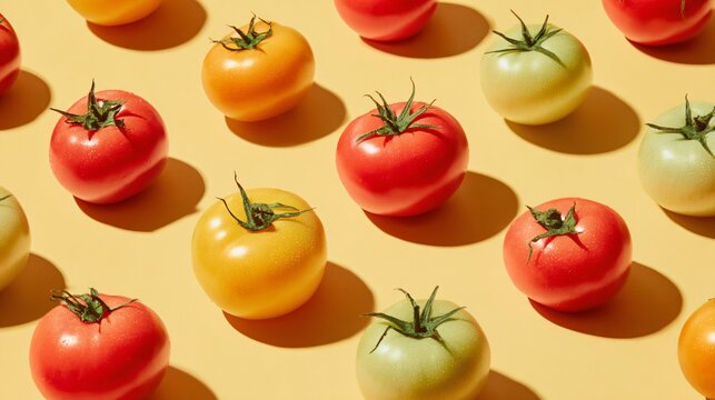 A bright tomato composition on a pastel yellow background with strong shadows, vivid Mediterranean colors, and playful summer styling
