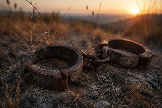 Heavy rusted iron shackles discarded in overgrown dry grass at sunset.