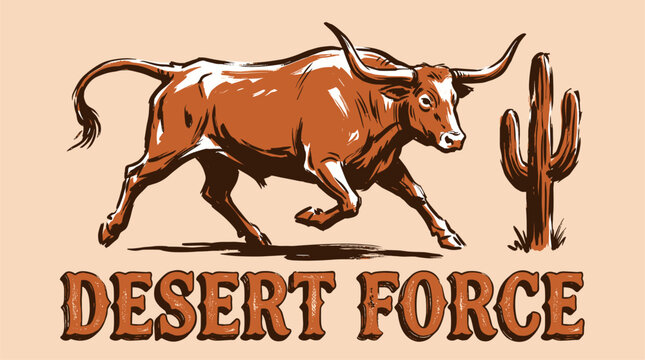 Desert force. Vintage bull illustration for t shirt print. Western adventure graphic.. Wild west longhorn. Texas desert landscape artwork. Retro anima