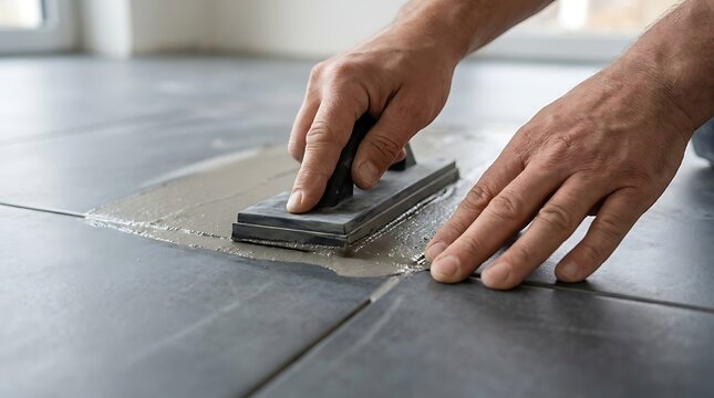 Professional tiling work applying grout between dark grey ceramic floor tiles during home renovation