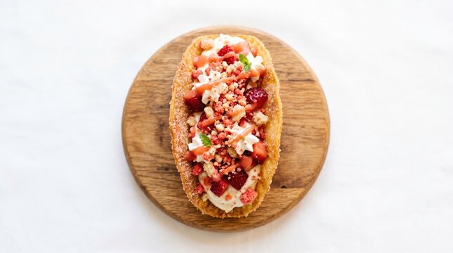 Gourmet langos bread topped with rich cream cheese diced beetroot and crispy onion crumbles served on a rustic round wooden board over white background with bright high key lighting and clean