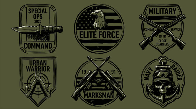 Military tactical badge collection. Special ops elite force vintage design for t shirt print. Urban warrior marksman navy raider artwork.. Tactical mi