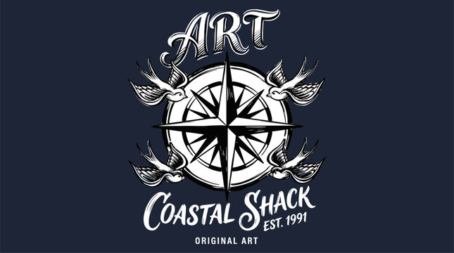 Coastal shack. Nautical compass vintage design for t shirt print. Swallow bird artwork. Explore more.. Beach club. Original art nautical print. Compas