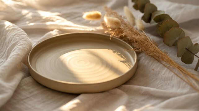 Empty Ceramic Beige Plate Mockup on White Fabric with Dried Grass Decor