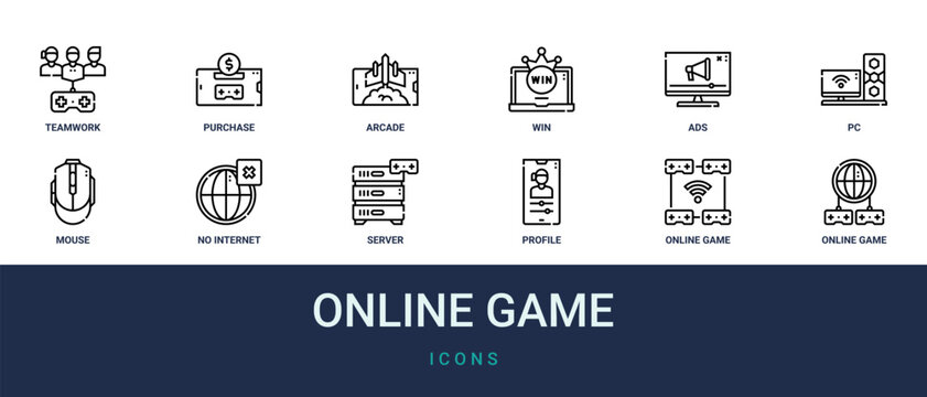 Set of 12 outline web Online Game icons such as online game, online game, profile, server, no internet, mouse, pc vector icons for report, presentation, diagram, web design, mobile app