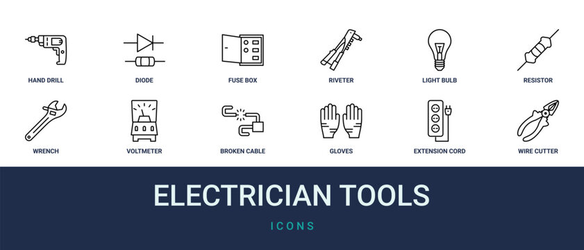 Set of 12 outline web Electrician Tools icons such as wire cutter, extension cord, gloves, broken cable, voltmeter, wrench, resistor vector icons for report, presentation, diagram, web design,