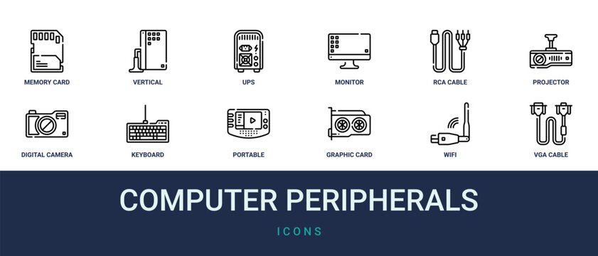 Set of 12 outline web Computer Peripherals icons such as vga cable, wifi, graphic card, portable, keyboard, digital camera, projector vector icons for report, presentation, diagram, web design,