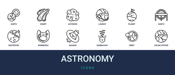 Set of 12 outline web Astronomy icons such as solar system, orbit, gamma ray, quasar, wormhole, destroyed, earth vector icons for report, presentation, diagram, web design, mobile app © Noah