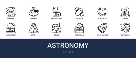 Set of 12 outline web Astronomy icons such as supernova, space capsule, astronomy, comet, earth, observatory, lander vector icons for report, presentation, diagram, web design, mobile app © Noah