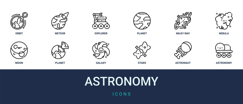 Set of 12 outline web Astronomy icons such as from astronomy collection. Thin such as space, vehicle. for use on web and mobile apps, logo, print media., astronaut, stars, galaxy, planet, moon,