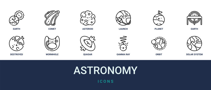 Set of 12 outline web Astronomy icons such as solar system, orbit, gamma ray, quasar, wormhole, destroyed, earth vector icons for report, presentation, diagram, web design, mobile app