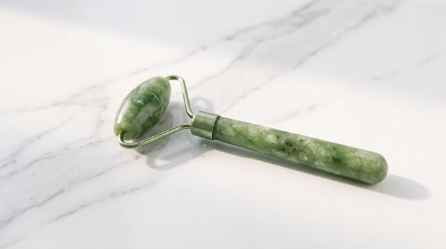 Green jade facial roller massaging tool on a white marble background with natural sunlight and copy space for skincare wellness concepts