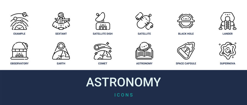 Set of 12 outline web Astronomy icons such as supernova, space capsule, astronomy, comet, earth, observatory, lander vector icons for report, presentation, diagram, web design, mobile app