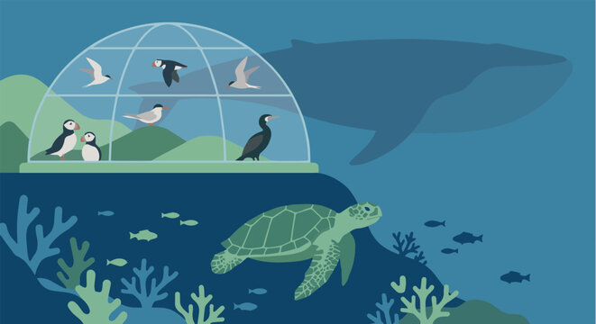 Vector illustration of an underwater ecosystem with a sea turtle, whale silhouette, and seabirds inside a glass biosphere dome