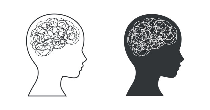 Human head silhouette with tangled lines inside a vector illustration of the brain