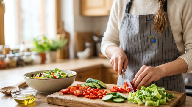 Close up of woman in apron slicing fresh organic vegetables for healthy salad on wooden board in sunlit rustic kitchen setting with soft natural morning lighting and warm wellness mood.