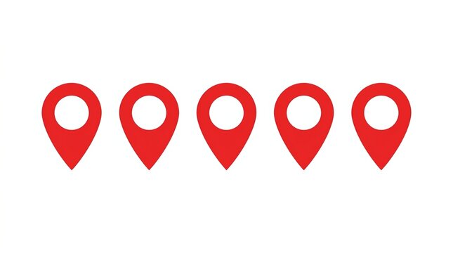 Five vibrant red location pin icons arranged in a horizontal row against a clean white background representing digital navigation maps and global positioning system data