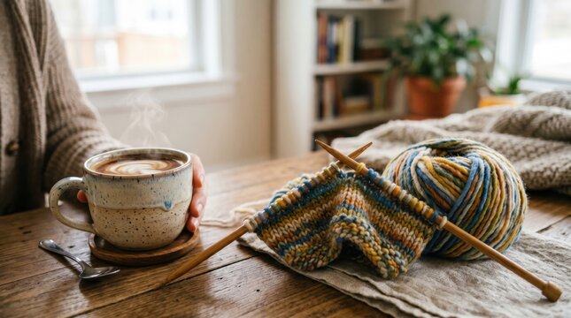 Serene domestic scene featuring steaming ceramic coffee cup held by person beside a knitting project with colorful wool yarn on rustic wooden table in bright, peaceful and airy home interior.