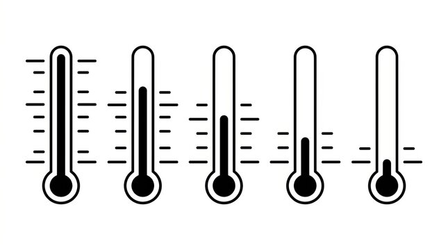 Five linear thermometers showing different levels of temperature in a simple minimalist black and white graphic style design isolated on a clean white studio background