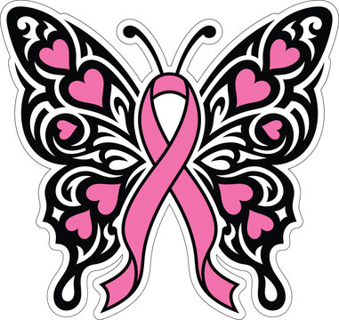 Pink and black floral pattern with swirls and hearts