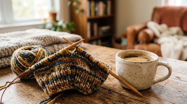 Handmade knitting project with variegated wool yarn and wooden needles next to a steaming ceramic mug of hot coffee on a rustic wooden table in a cozy sunlit room with a hygge lifestyle vibe.