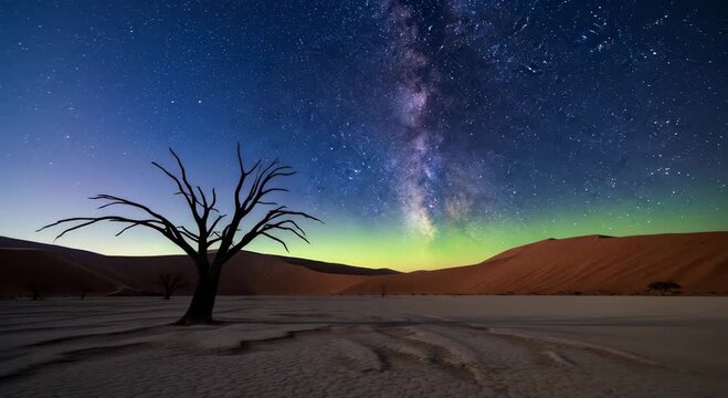 A silhouetted dead tree stands under a stunning Milky Way galaxy and starry night sky in the Namib desert.