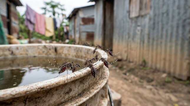 Mosquitoes breeding on stagnant water bucket rim in poor rural village with corrugated metal houses and hanging laundry showing health risks of tropical diseases like dengue and malaria.