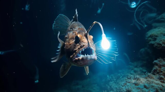 Deep sea anglerfish with glowing bioluminescent lure swimming in the dark ocean depths 4k video