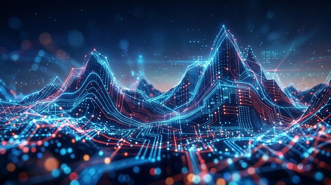 Intricate digital mountain landscape composed of glowing blue and red circuit board lines with bokeh particles creating a futuristic technological terrain for modern data visualization concepts