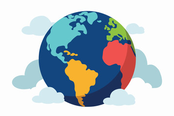 Fototapeta premium Cartoon illustration of planet Earth showing colorful continents and surrounded by soft blue and white clouds.