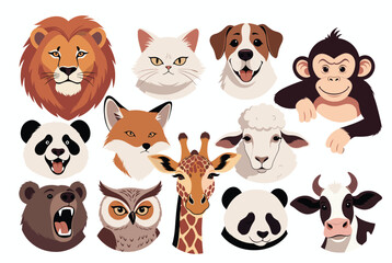 Obraz premium Big collection of cute animal faces including a lion, dog, cat, panda, bear, owl, giraffe, cow, monkey, fox, and sheep.