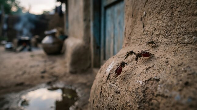 Macro view of large brown ants crawling on textured clay wall in a rural village courtyard, soft natural morning light, background cooking fire smoke and traditional earthen home atmosphere.