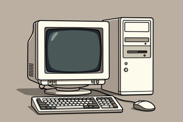 Fototapeta premium Retro personal computer set from the nineties including CRT monitor, desktop case, keyboard, and ball mouse, vector.
