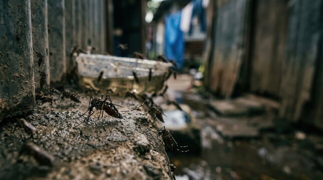 Swarm of mosquitoes breeding in stagnant water inside a plastic container located in a poor urban slum alleyway, highlighting public health risks, malaria, zika and dengue fever concerns.