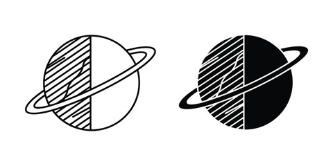 Minimalist Saturn Planet Icons with Hatching Texture in Black and White © OrchiDesign