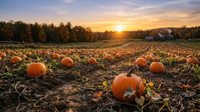Halloween pumpkin patch at sunset with sunset pumpkins