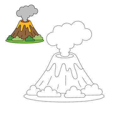 Cute Volcano Trace and Color Worksheet for Kids Preschool Activity