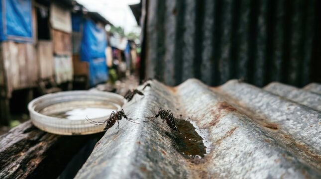 Mosquitoes breeding in standing water on a rusty corrugated iron roof in a poor urban slum area during overcast daylight, highlighting health risks and disease vectors like dengue or malaria.