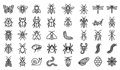 Modern Insect Line Icons Collection with Garden Wildlife and Entomology Symbols Black Outline Vector on White Background © Md