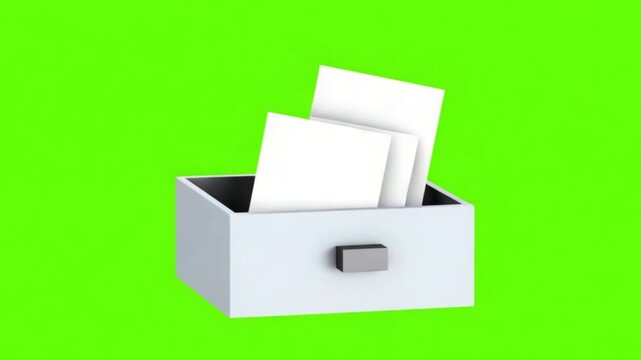 Minimalist Vector Filing Cabinet Drawer Opening and Closing with Documents on Green Screen Chroma Key
