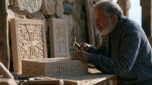 An Armenian stone mason chips ornate khachkar cross relief patterns into a tufa block using a hammer and punch in a dusty outdoor workshop, half-finished carved panels leaning