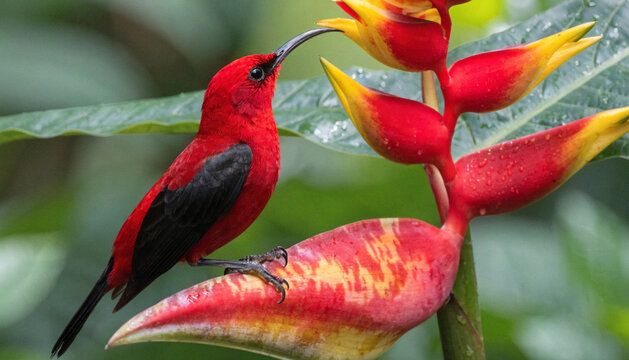 crimson sunbird (Aethopyga siparaja) on heliconia, unofficial national bird of singapore
